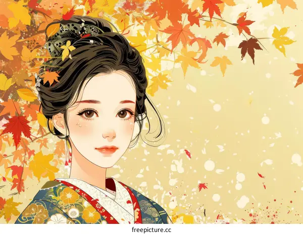 Autumn Leaves and a Beautiful Woman in Traditional Asian Clothing