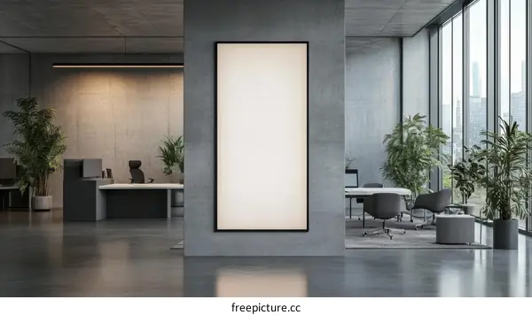 Modern Concrete Office Interior Mockup with Blank Poster
