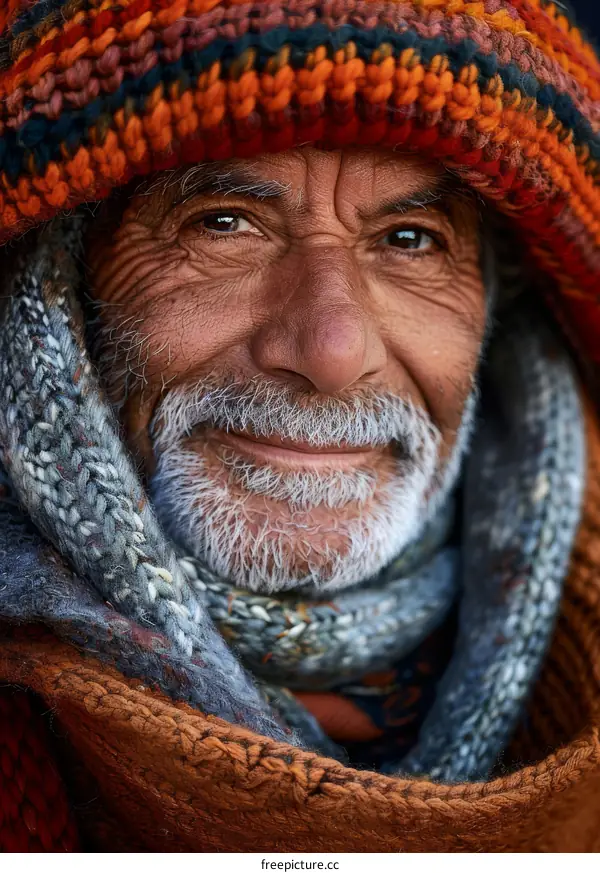 Portrait of an old man with a beard wearing a colorful hat and scarf
