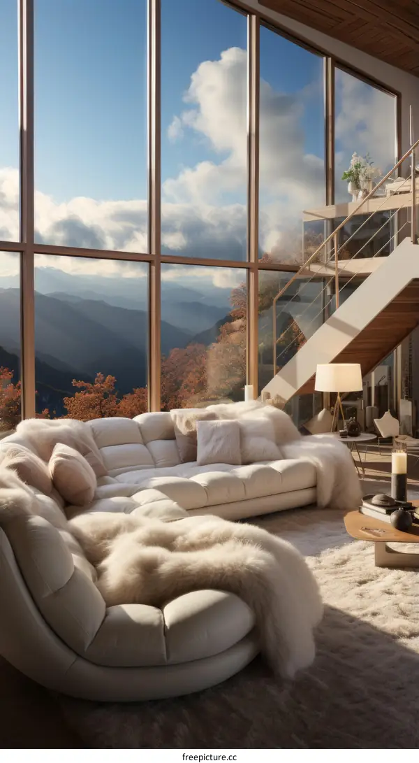 Modern minimalist living room interior design with large windows and mountain views