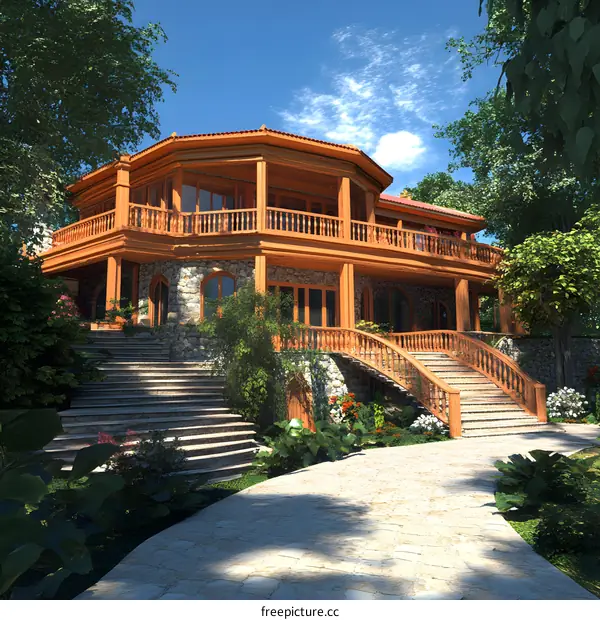 Luxury Stone and Wood Mansion with Balconies and Steps