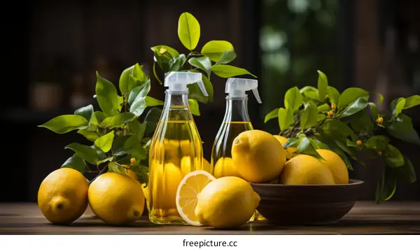Lemon-Scented Cleaning Spray Bottles with Fresh Lemons