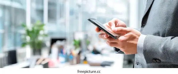 Businessman using smartphone in office building
