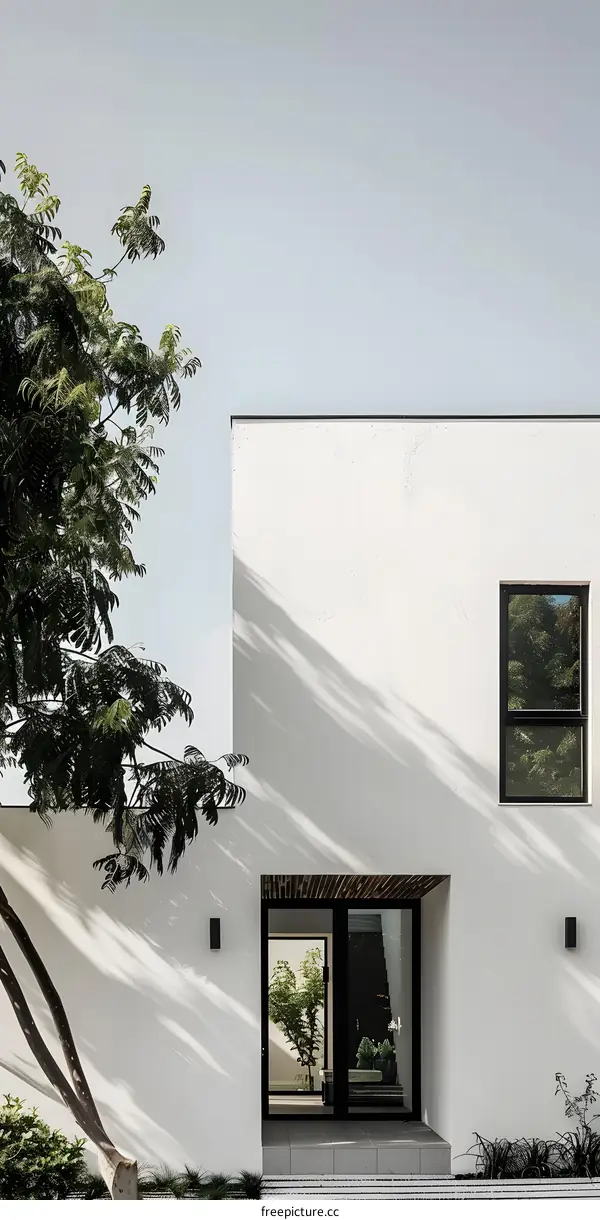 Minimalist Modern House Exterior with White Walls and Black Windows