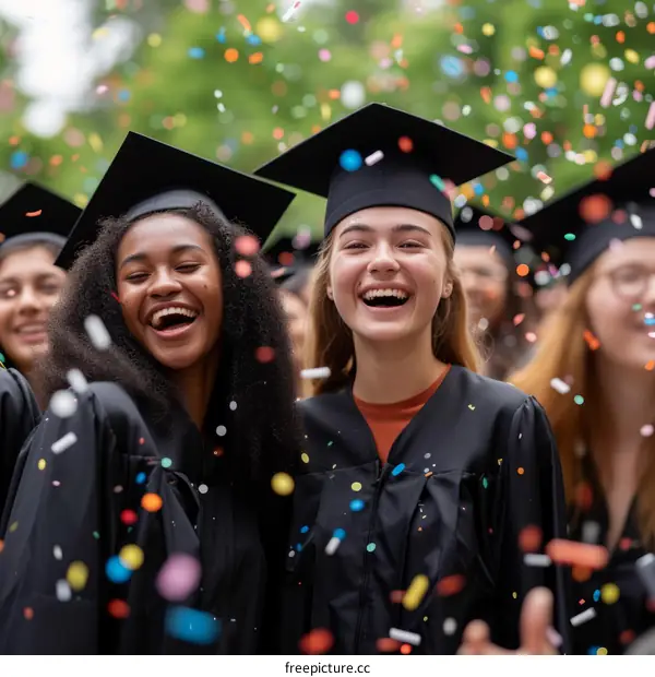 Happy graduates celebrating their commencement with confetti in the air