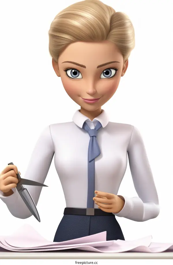 Confident businesswoman with scissors near paper sheets