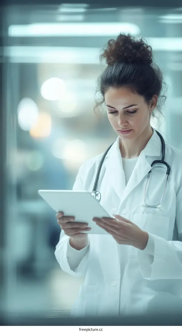 Focused Female Doctor Using Digital Tablet in Modern Medical Setting