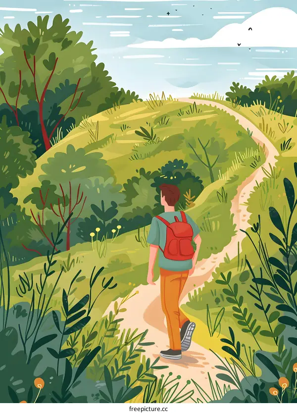 Man Hiking on a Path Through a Green Forest