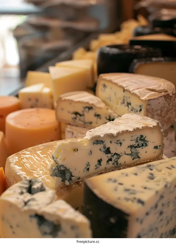 Assortment of Cheeses for Sale at Market Stall