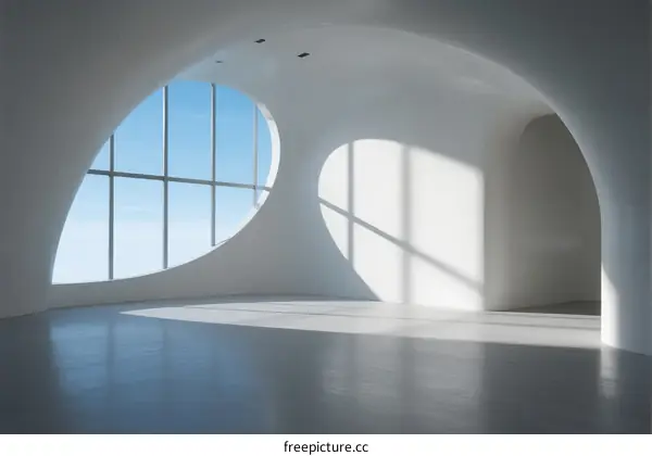 Sculptural White Room with Large Curved Windows and Natural Light