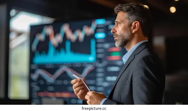 Bearded man in suit looking at graphs and holding a paper
