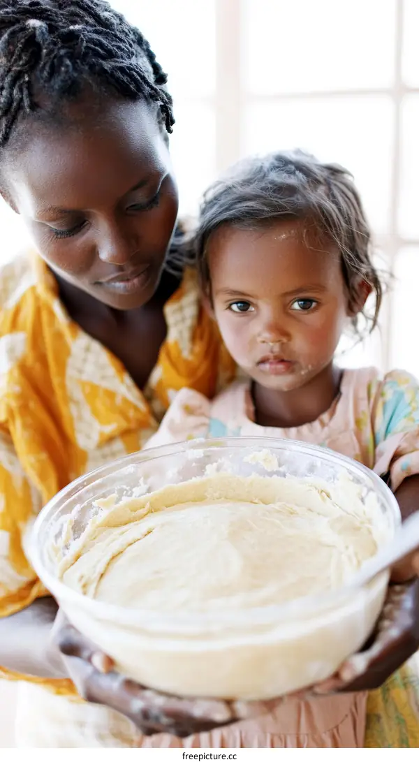African Mother and Child Making Dough