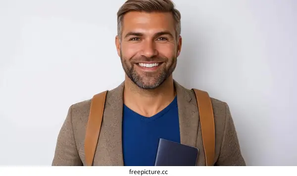 Smiling Caucasian Man with a Portfolio