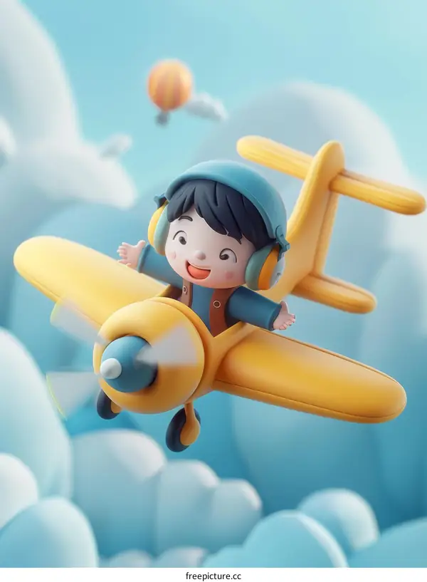 A child flies a yellow airplane in the sky