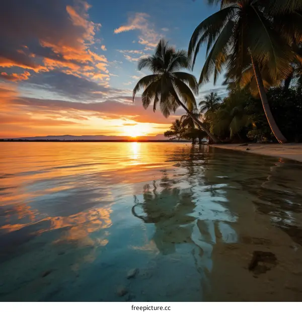 Beach sunset with palm trees