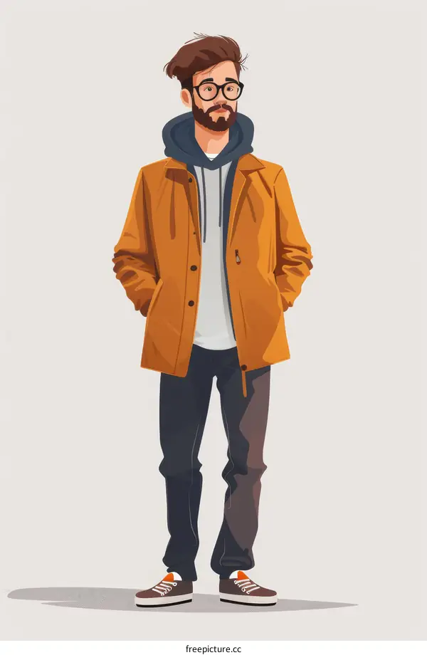 Cartoon of a man with a beard wearing a brown coat