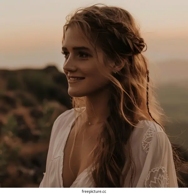 Smiling Woman With Braided Hair Looking Away in Sunset