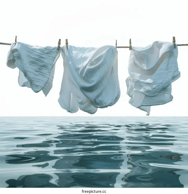White clothes hanging on a clothesline above water
