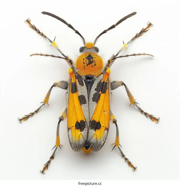 A brightly colored beetle with black spots on its back