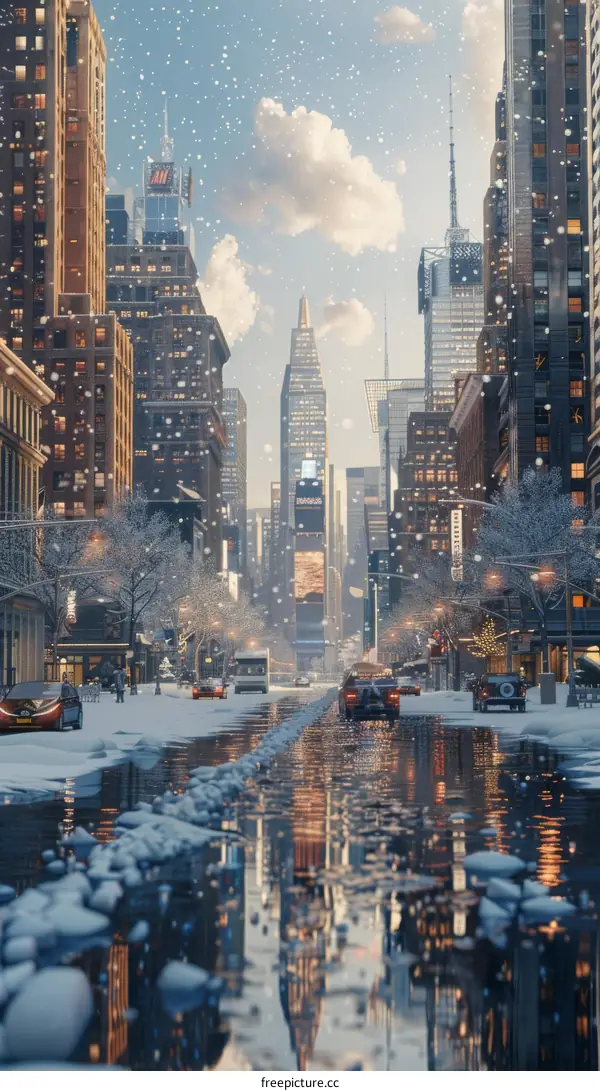 Snowy New York City Street Scene with Reflections