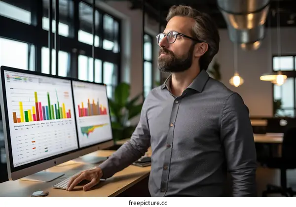 Male data analyst wearing glasses looking at graphs and charts on computer monitors