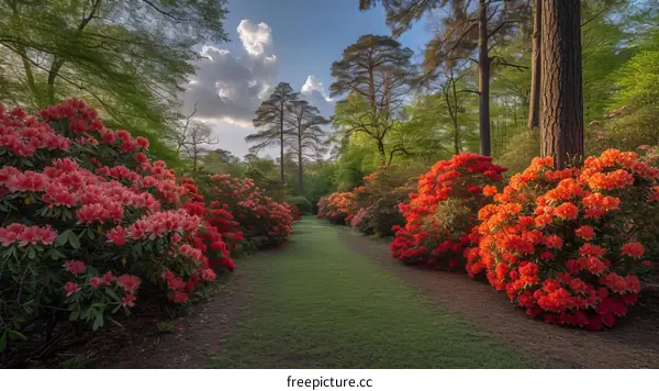 Blossoming Rhododendrons in a Lush Green Park
