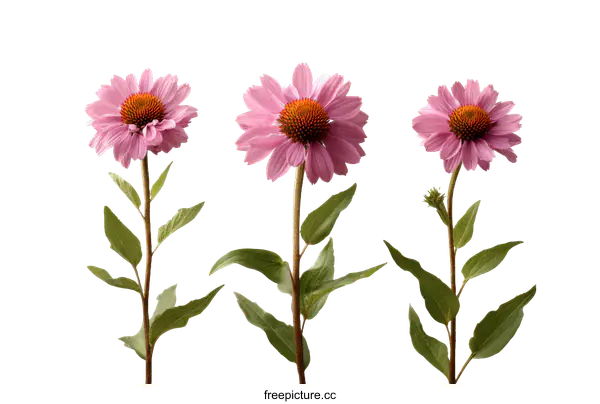 [Transparent Background PNG]Three Pink Coneflowers Against a White Background