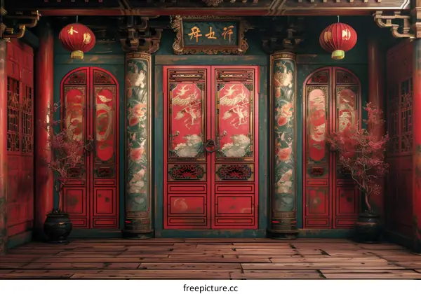 Courtyard of Traditional Chinese Architecture with Red Doors and Green Walls