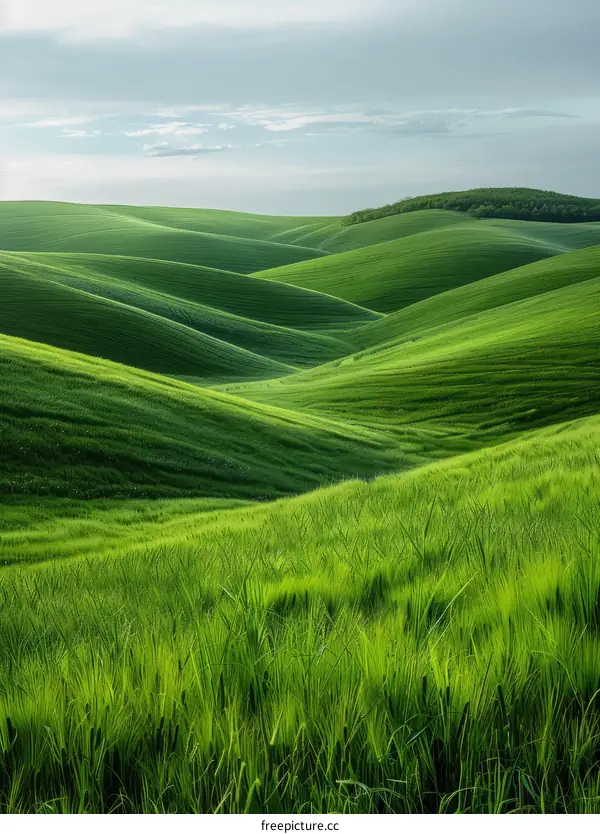 Rolling Green Wheat Fields under a Cloudy Sky