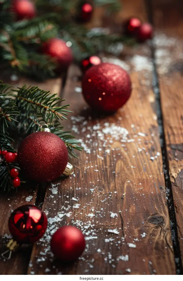 Red Christmas ornaments on a wooden background with snow