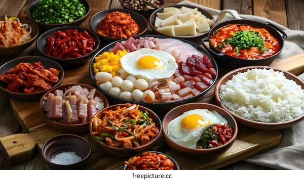 A variety of Korean side dishes and a bowl of rice
