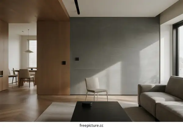 Modern minimalist living room with wooden flooring and neutral tones