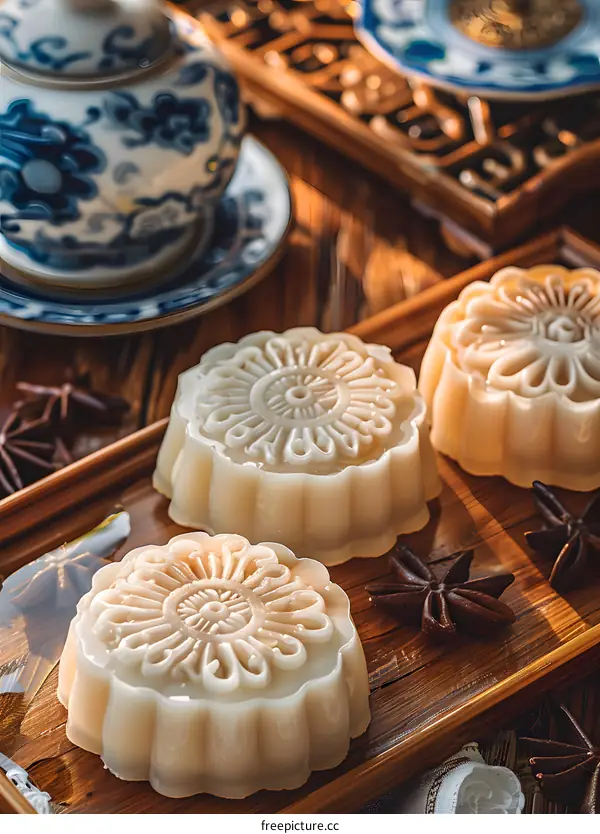 Mooncake with Anise Stars on Wooden Tray