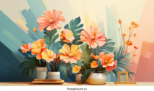 Illustration of orange flowers in pots with green leaves against an abstract background
