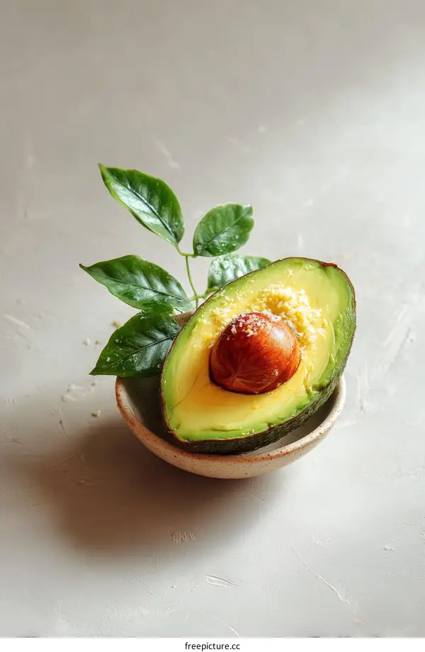 Fresh Avocado Half in a Bowl with Leaves
