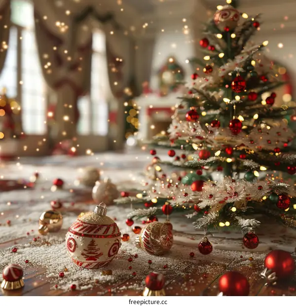 Christmas Tree Decorated with Red and Gold Ornaments on White