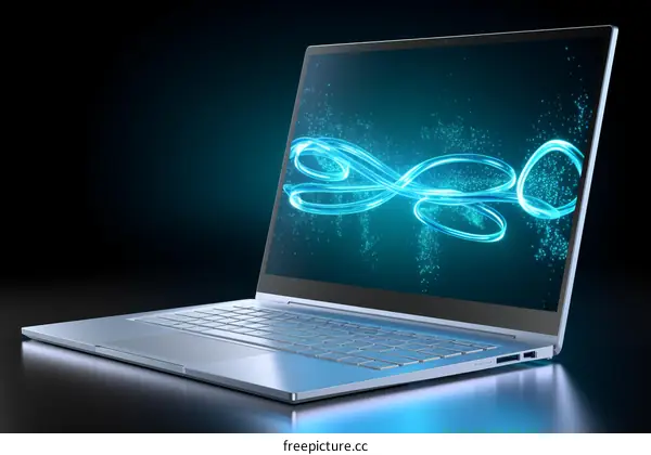 Laptop with blue glowing infinity symbol on screen