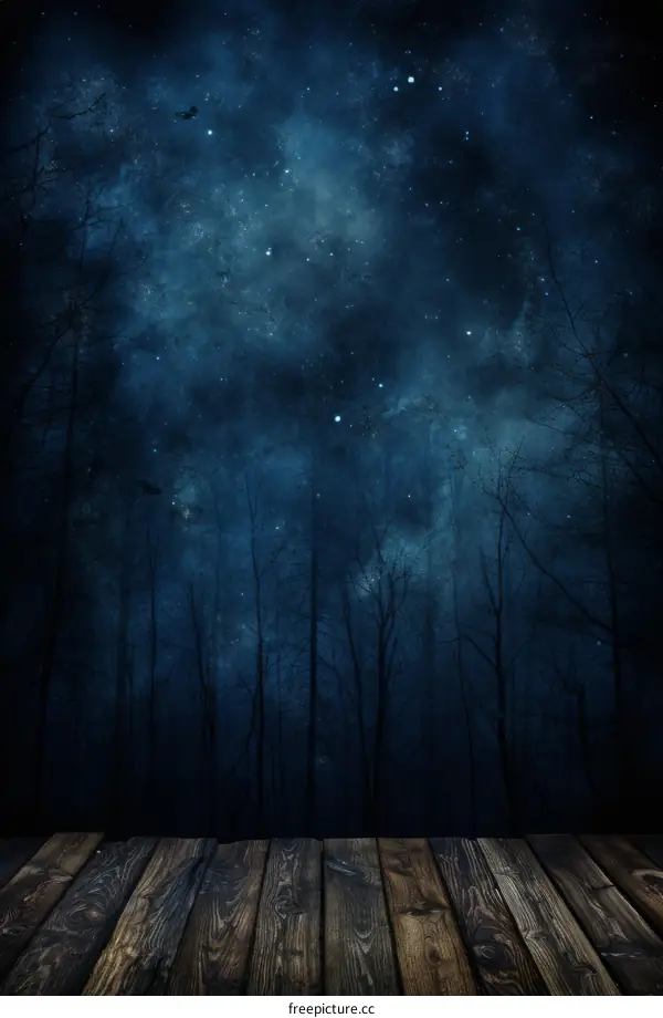 Mystical night forest with wooden floor