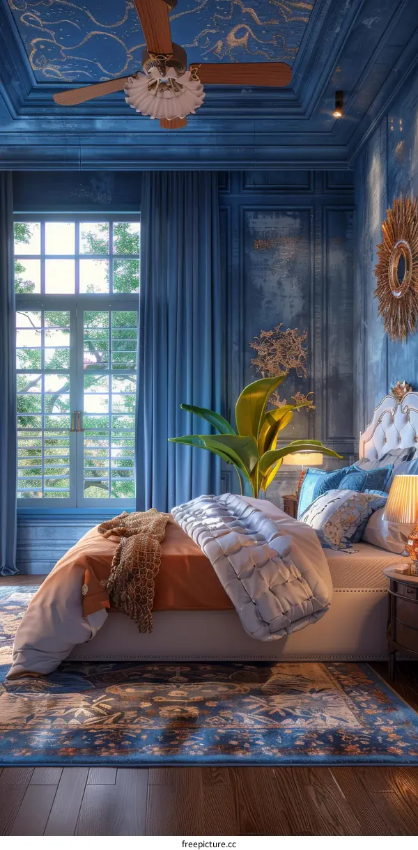 Elegant Blue Bedroom Interior Design Illustration