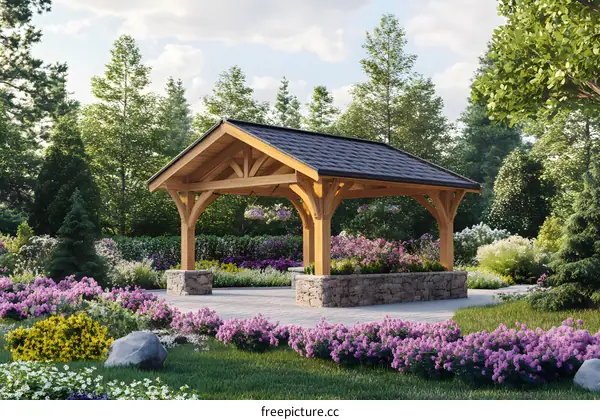 Wooden Gazebo in a Garden Setting with Flower Beds