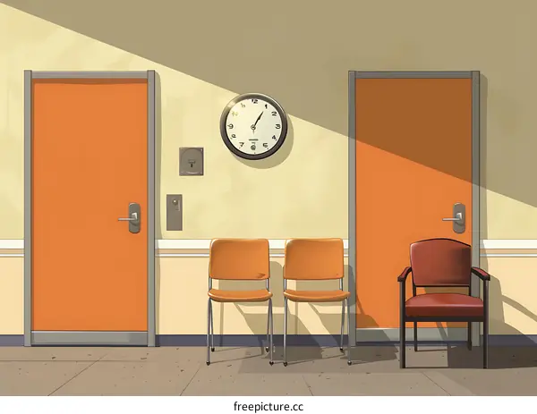 Office Waiting Area with Two Doors and Clock