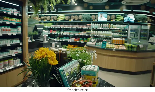 Grocery Store Interior with Flowers and Products