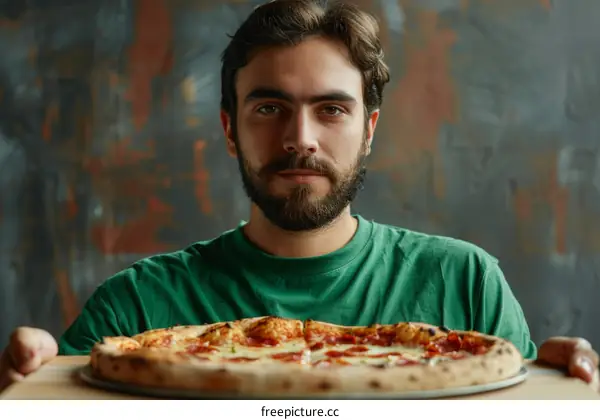 Bearded man holding a pizza