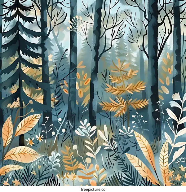 Forest Illustration with Trees and Flowers