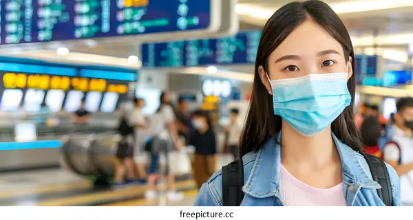 Young Asian Woman Wearing a Face Mask in Airport Terminal