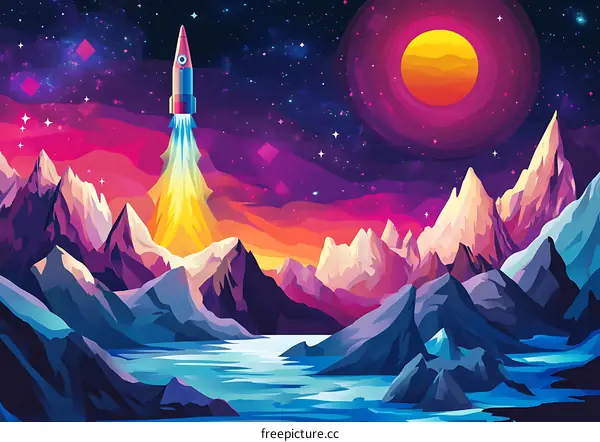 Colorful Rocket Launch Over Mountains With Stars and Sun