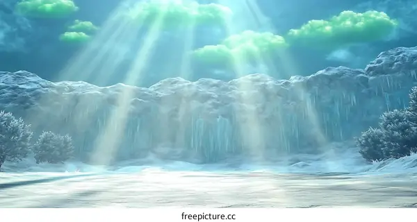 Winter Landscape with Snow Covered Mountains and Icicles