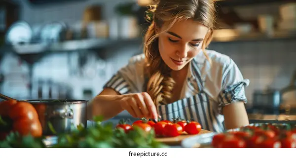 Young woman preparing ingredients for cooking in the kitchen