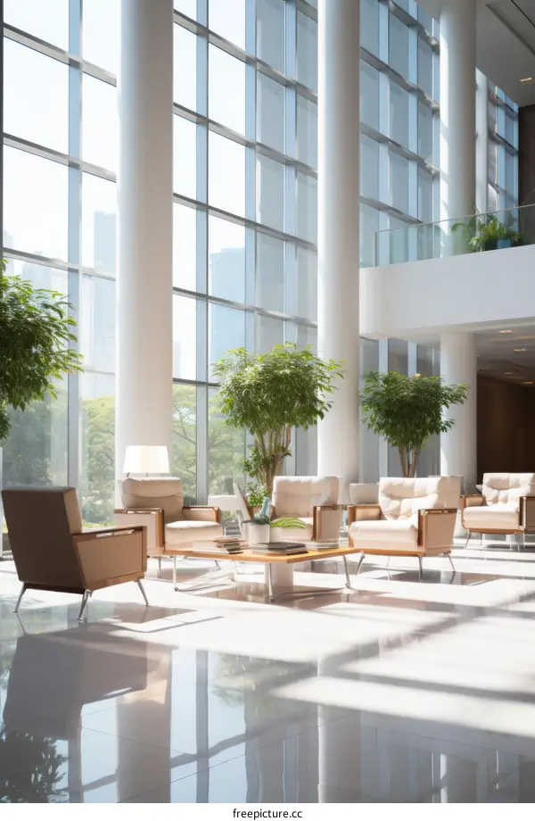 Modern Office Lobby Interior with Ample Windows and Lush Greenery