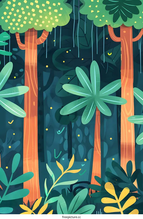 Green Jungle Illustration With Tall Trees And Lush Greenery